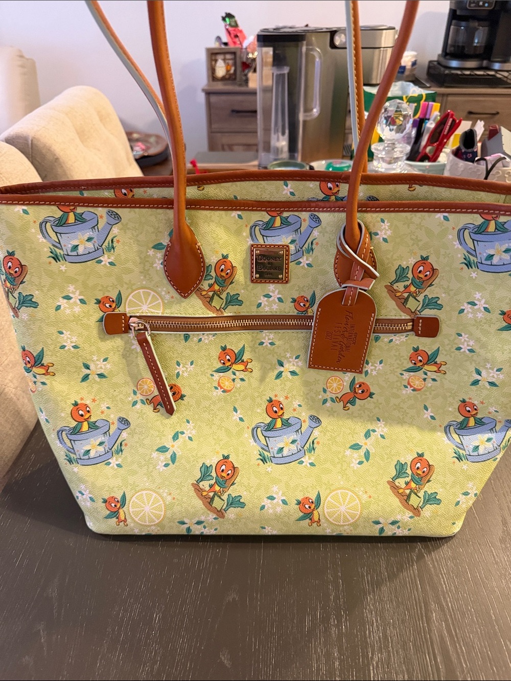 Dooney & Bourke Lemon Yellow Orange Bird Print Tote with Tan Trim.  Used once.